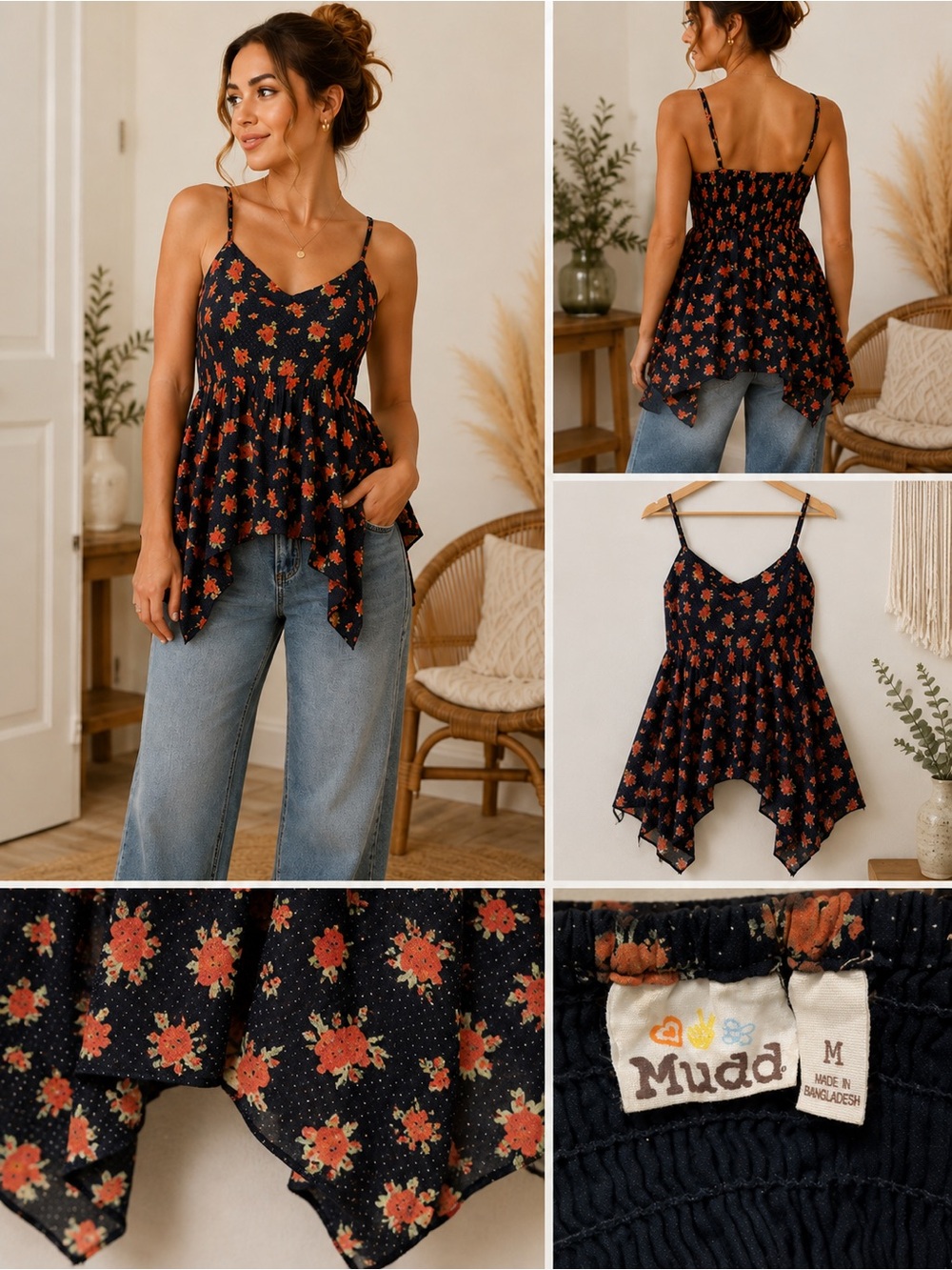 Mudd Black Spotted Floral Handkerchief Cami with Orange Flowers
